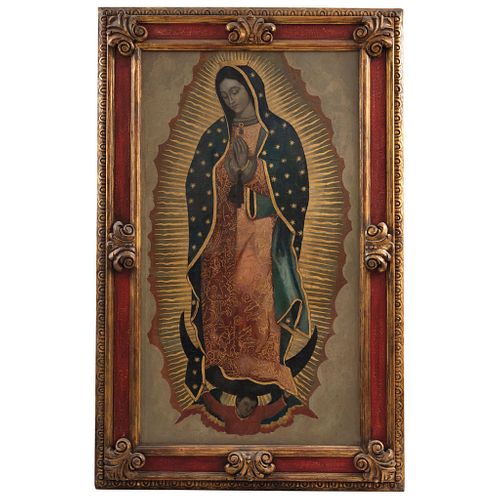 VIRGEN DE GUADALUPE MÉXICO, SIGLO XIX Óleo sobre tela Detalles de conservación 156.5 x 86 cm | VIRGEN DE GUADALUPE MEXICO, 19TH CENTURY Oil on canvas 