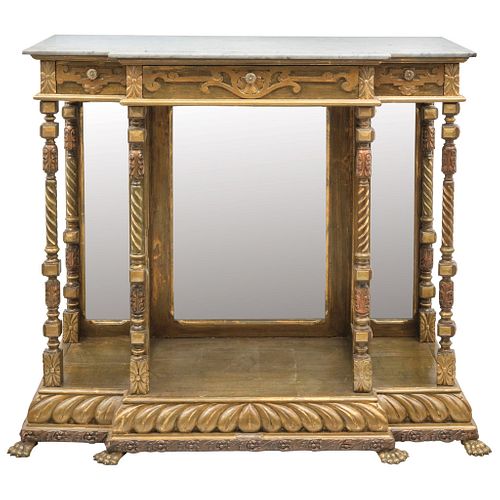 MESA CONSOLA SIGLO XIX Detalles de conservación Elaborada en madera tallada y dorada con cubierta de mármol 116 x 128 x 46 cm | CONSOLE TABLE 19TH CEN