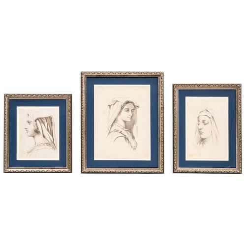 FÉLIX PARRA (MÉXICO, 1845-1919) GRUPO DE ESTUDIOS PARA ROSTROS DE MUJER  Lápiz sobre papel.   31 x 23.5 cm; 26 x 17 cm y 22 x 16.5 cm | FÉLIX PARRA (M