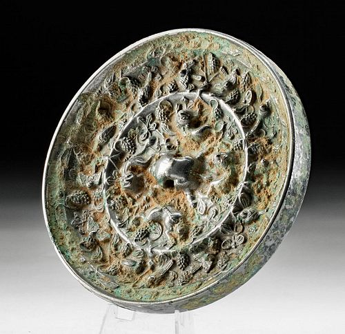 Chinese Han Tinned Bronze Mirror w/ Vegetal Relief