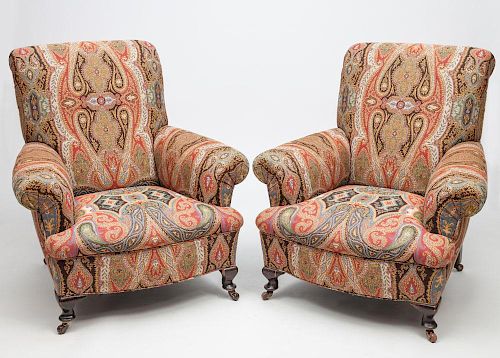 Pair of Paisley-Patterned Upholstered Armchairs