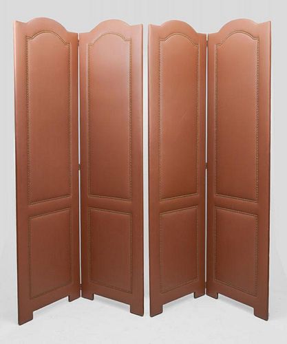 Pair of Brass-Studded Leather Two-Panel Screens