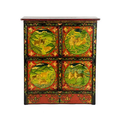 19th C. Tibetan Animal Scene Painted 4 Door Cabinet