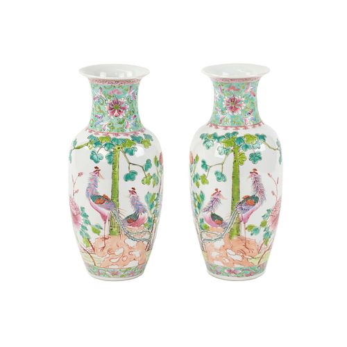 Pair Early 20th C Chinese Hand-Painted Porcelain Vases
