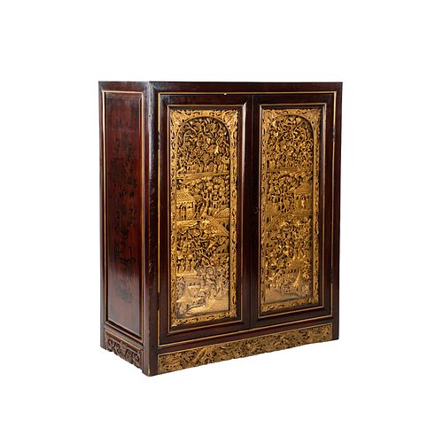 19th C Qing Qian Long Gold Carved Window Panel Cabinet
