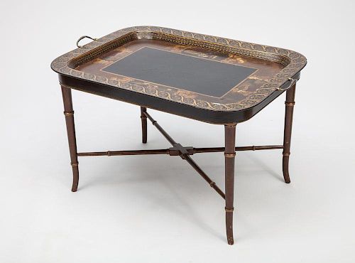 Victorian Black Lacquer and Parcel-Gilt Tray on Faux Bamboo Stand