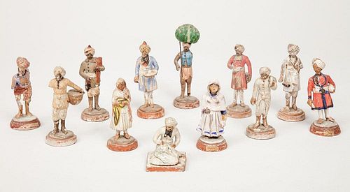 Twelve Indian Painted Poona Pottery Figures