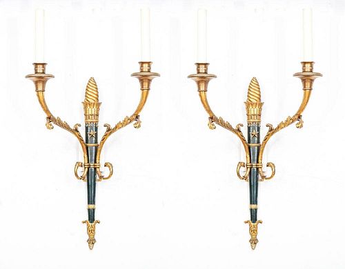 Pair of Empire Style Gilt-Metal and Painted Two-Light Wall Lights