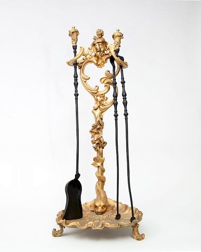 Louis XV Style Gilt-Bronze Fire Tool Stand and Tools