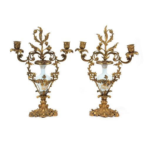 Pair of French Gilt Bronze Two Arm Vase Candelabras