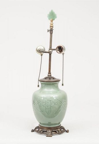 Small Chinese Celadon Porcelain Vase, Mounted as a Lamp