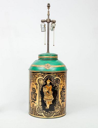 English Painted and Parcel-Gilt Tea Canister, Mounted as a Lamp, in the Chinoiserie Taste
