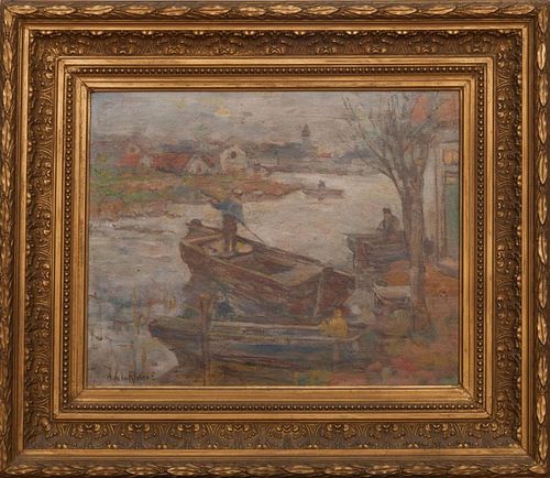 Adriaan De La Rivière (1857-1941): Boats at the Water's Edge