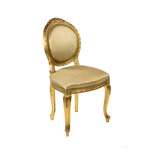 French Louis XV Gilt Gold Silk Upholstered Slipper Chair