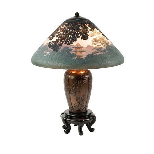 Handel Signed Bronze Landscape Shade Table Lamp