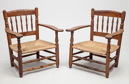 Pair of English Oak Rush Seat Armchairs