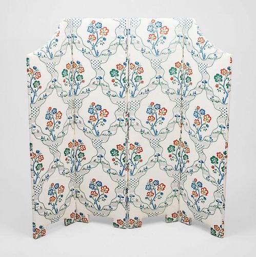 French Toile-Upholstered Four-Fold Screen