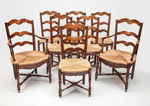 Set of Eight French Provincial Stained Oak Chairs