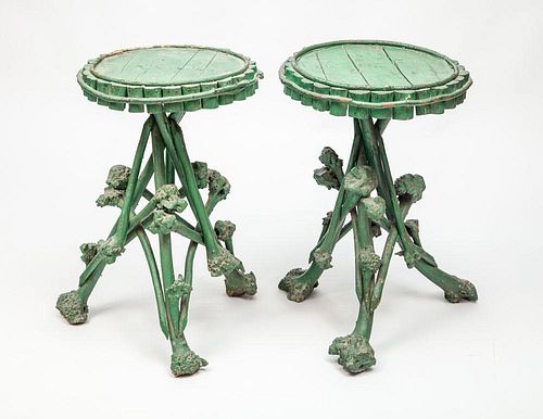 Pair of Green Painted Twig-Formed Plant Stands