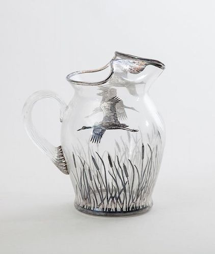 American Engraved Silver Overlay Glass Pitcher