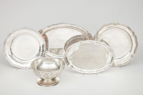 Three Continental 800 Silver Trays, an 800 Silver Stemmed Bowl and a Silver-Plate Small Tray