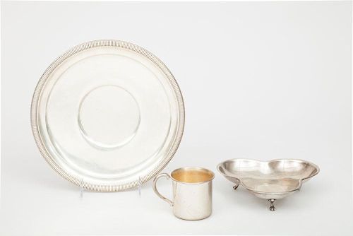 American Silver Trefoil Dish, a Gorham Silver Cake Plate, and a Newport Silver Mug