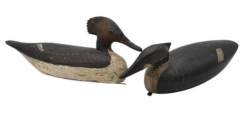 Two Carved Duck Decoys
to include Miles Hancock, American merganser; along with a merganser hen attributed to Samuel Archer, 1912
merganser hen length