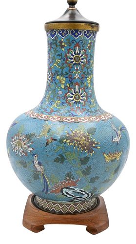 Large Cloisonne Vase
having wildflowers, butterflies and bird decoration, made into a table lamp, having hardstone finial
total height 32 inches, vase