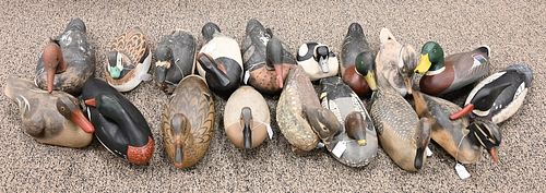 Group of 18 Duck Decoys
to include Charles Jobes canvasback; 2 Hamilton mallard and red merganser; lopez; wild fowls; Maine rocking head merganser; et