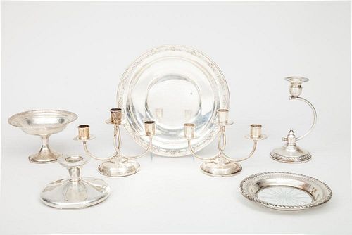 Gorham Silver Cake Plate, an American Silver Stemmed Compote, Silver Rimmed Glass Coaster, Pair of Weighted Silver Three-Light Candelabra, and a Candl