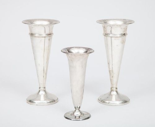English Silver Small Trumpet-Form Vase, for Tiffany & Co., and a Pair of Hamilton Silver Weighted Trumpet Vases