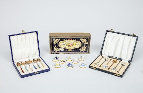 Boxed Set of Six English Enameled Silver Demitasse Spoons, a Boxed Set of Six Danish Enameled Silver Spoons, and a Set of Eight Royal Crown Derby Flor