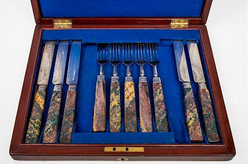 Set of Five Silver and Marble Knives and Forks, George Angell, London, 1850 to 1880