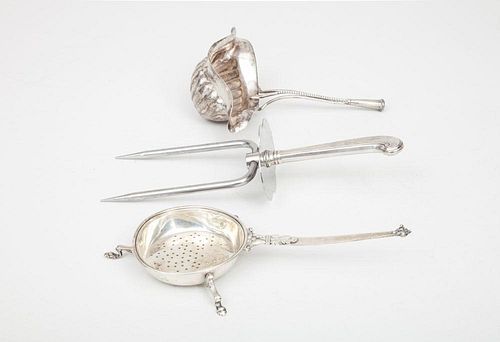 American Silver Tripod Strainer, Pistol-Handled Roast Prong, and a Ladle Bowl