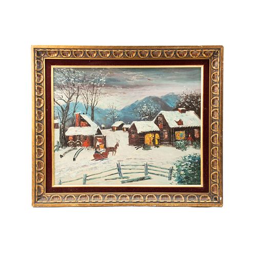 Signed Folk Art Winter Scene Oil on Canvas