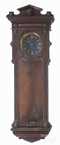 Gustav Becker walnut regulator clock with works, inscribed G. W. Russell Phil'a, 73 1/2'' h.