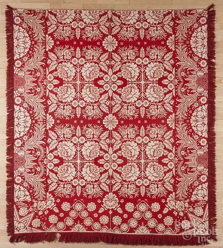 Red and white jacquard coverlet, mid 19th c., 82'' x 94''. Provenance: The Estate of Mark and Joan Eaby