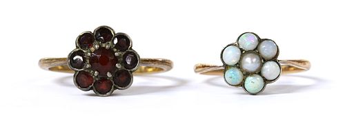 A gold and silver, split pearl and opal cluster ring,