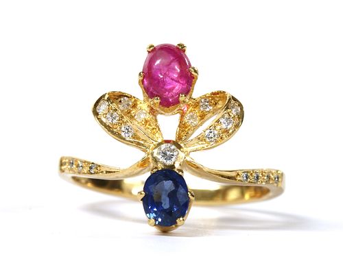 A gold ruby, sapphire and diamond ring,