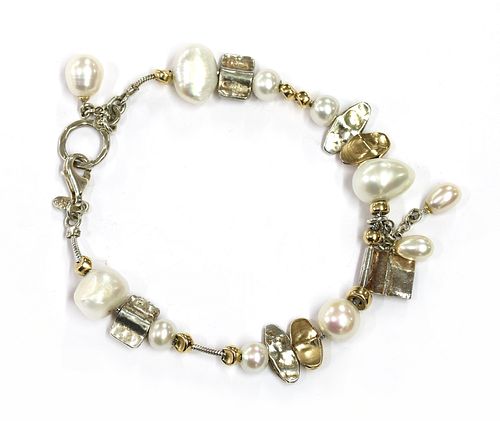 A silver and gold, cultured freshwater pearl bracelet, by Talma Keshet,