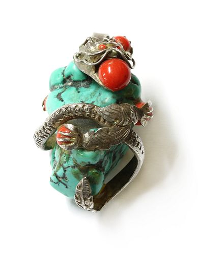 An Asian silver turquoise dragon pendant,