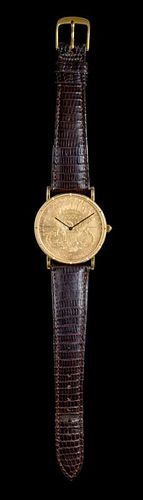 An 18 Karat Yellow Gold and US $20 Coin Wristwatch, Corum,
