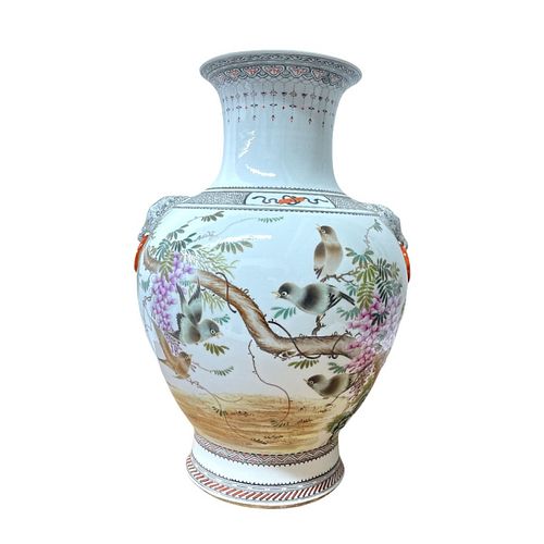 Chinese Qing Famille Rose Floral Birds Large Vase