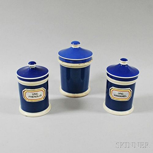 Three Blue Porcelain Apothecary Jars
