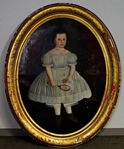 American School, 19th Century       Portrait of a Girl with Racket and Shuttlecock.