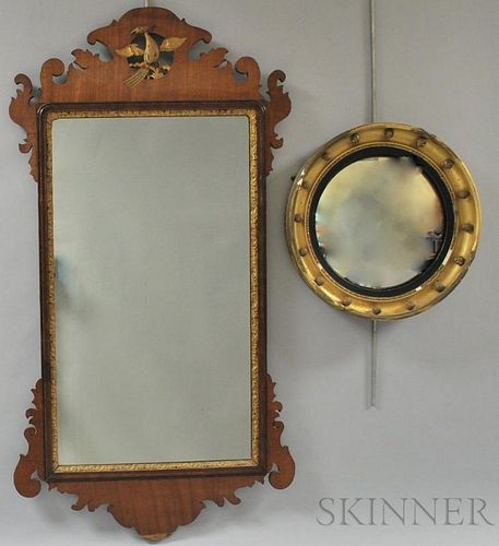 Chippendale Carved Mahogany Scroll-frame Mirror and a Classical Gilt-gesso Convex   Mirror