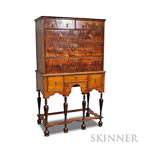 William & Mary Tiger Maple Flat-top High Chest