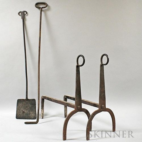 Wrought Iron Andirons, a Peel, and a Poker