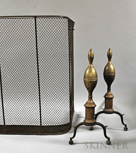 Pair of Brass and Iron Double Lemon-top Andirons and a Fender
