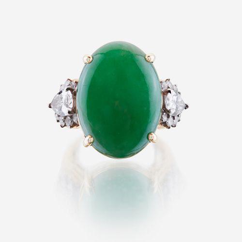 A jadeite jade, diamond and eighteen karat gold ring